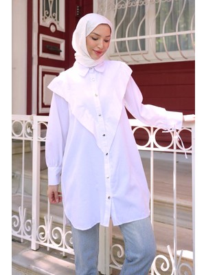 İmaj Butik Beyaz Ön Detaylı Kol Bağlamalı Tunik