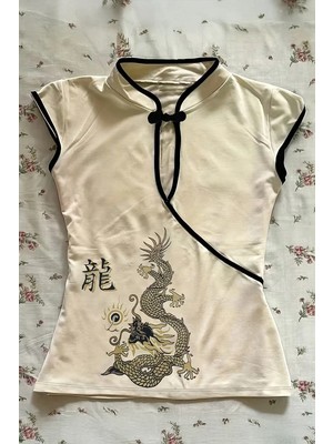 Moonstyle Collection Ekru Mandarin Yaka Ejderha Motifli Vintage Qipao Y2K Kısa Kollu Crop