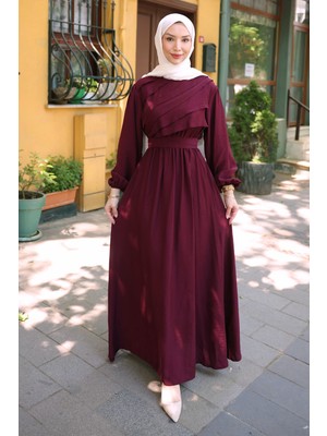 İmaj Butik Bordo Fırfır Katlı Bel Lastikli Elbise