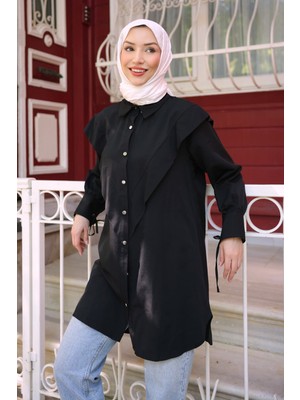 İmaj Butik Siyah Ön Detaylı Kol Bağlamalı Tunik