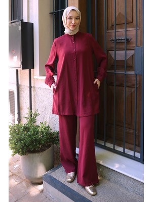 İmaj Butik Bordo Düğmeli Tunik Pantolonlu Takım