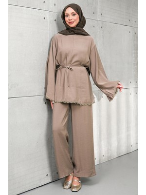 İmaj Butik Vizon Bel Bağlamalı Tunik Pantolonlu Takım