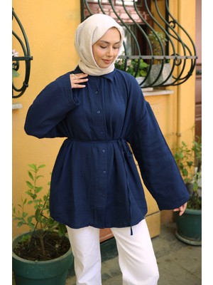 İmaj Butik Lacivert Geniş Kol Salaş Müslin Tunik