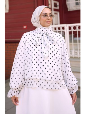 İmaj Butik Ekru Yaka Bağlamalı Puantiyeli Şifon Bluz