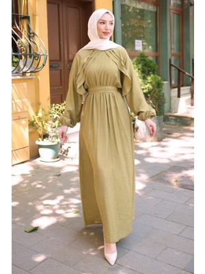 İmaj Butik Olive Yanları Fırfırlı Bel Lastikli Elbise
