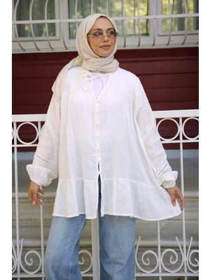 İmaj Butik Ekru Yaka Bağlamalı Müslin Tunik