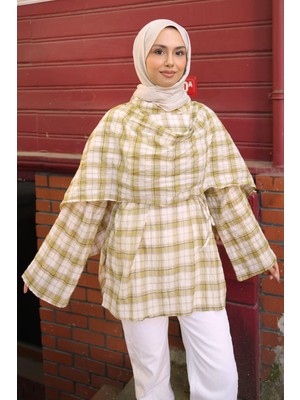 İmaj Butik Yeşil Şal Detaylı Ekose Tunik