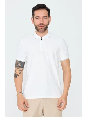 White Stone Beyaz Fermuarlı Erkek Polo Yaka Tişört