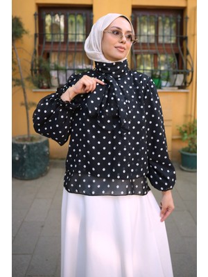 İmaj Butik Siyah Yaka Bağlamalı Puantiyeli Şifon Bluz