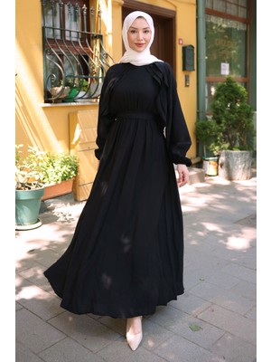 İmaj Butik Siyah Yanları Fırfırlı Bel Lastikli Elbise