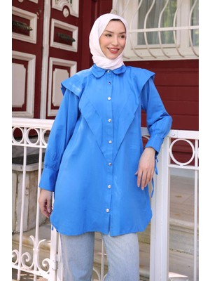 İmaj Butik Saks Mavi Ön Detaylı Kol Bağlamalı Tunik