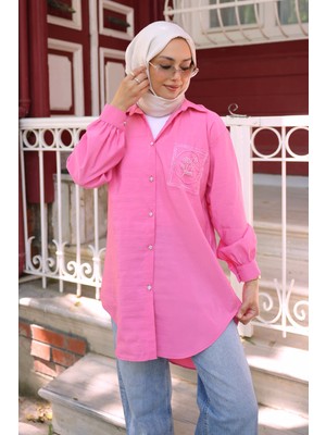 İmaj Butik Pembe Düğmeli Taş Detaylı Modal Gömlek