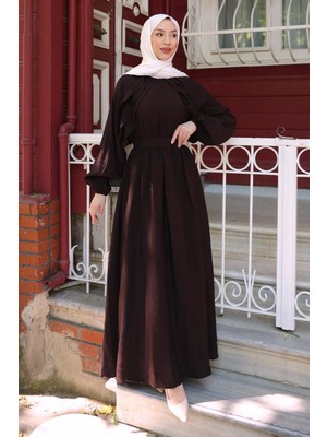 İmaj Butik Kahverengi Yanları Fırfırlı Bel Lastikli Elbise
