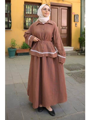 İmaj Butik Kahverengi Gömlek Etekli Müslin Takım