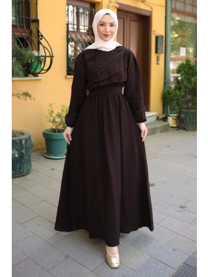 İmaj Butik Kahverengi Fırfır Katlı Bel Lastikli Elbise