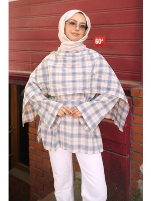 İmaj Butik Mavi Şal Detaylı Ekose Tunik
