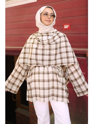 İmaj Butik Kahverengi Şal Detaylı Ekose Tunik