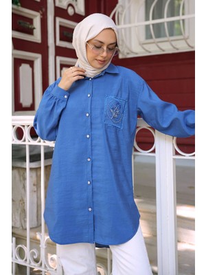 İmaj Butik Indigo Düğmeli Taş Detaylı Modal Gömlek