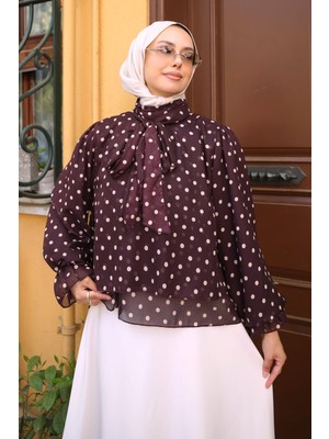 İmaj Butik Mürdüm Yaka Bağlamalı Puantiyeli Şifon Bluz