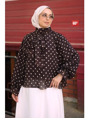 İmaj Butik Kahverengi Yaka Bağlamalı Puantiyeli Şifon Bluz