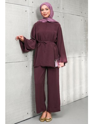 İmaj Butik Bordo Bel Bağlamalı Tunik Pantolonlu Takım
