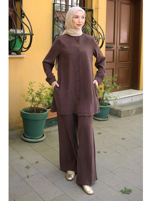 İmaj Butik Kahverengi Düğmeli Tunik Pantolonlu Takım