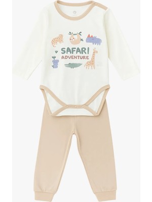 Luggi Baby Bisiklet Yaka Uzun Kollu Baskılı Erkek Bebek Çıtçıtlı Body ve Pantolon 2'li Takım