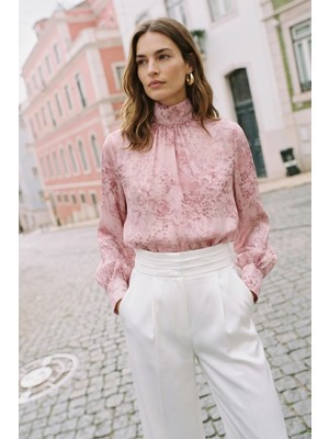 Sateen Desenli Uzun Kollu Bluz - Pembe