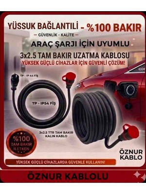 DC-ELEKTRO Öznur Kablolu Araç Şarjı Uyumlu 3-40 Metre (3x2.5 mm Ttr Tam Bakır) Yağmur Altında Kullanıma Uygun Uzatma Seyyar