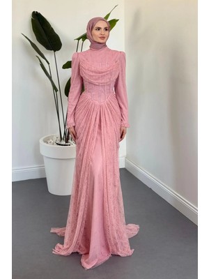 Merven Akyüz Juliet Noir Korse Detay Dantel Abiye Rose