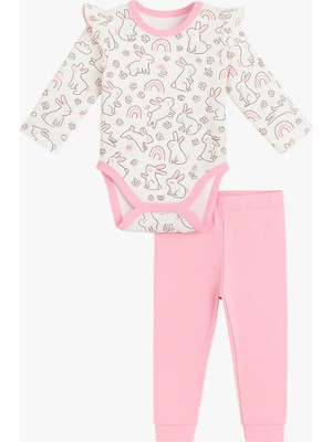 Luggi Baby Bisiklet Yaka Uzun Kollu Baskılı Kız Bebek Çıtçıtlı Body ve Pantolon 2'li Takım