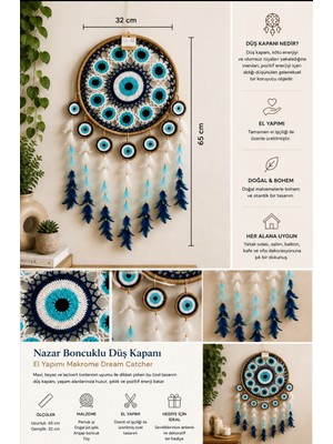 WoodBay El Yapımı Nazar Boncuklu Düş Kapanı Dream Catcher Duvar Dekoru Makrome Duvar Süsü 65 cm