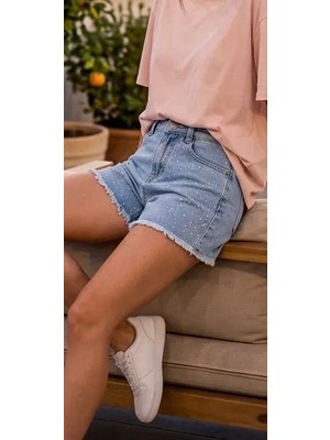 Tace Kids Tace Kıds Kız Çocuk Mavi Taş Işlemeli Fringed Püsküllü Yüksek Bel Denim Kot Şort-6-11 Yaş