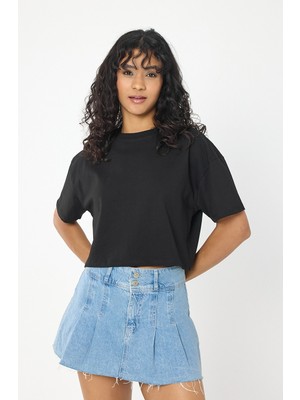 Windy Island Kadın Bisiklet Yaka Basic Oversize Crop T-Shirt