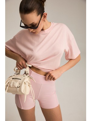 Urban Beat Rıelle Kadın %100 Organik Pamuklu Kalın Dokulu Oversize Fit Yuvarlak Yakalı Pembe T-Shirt