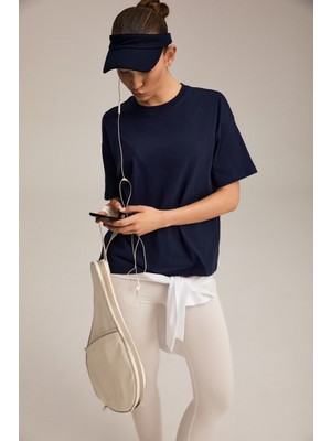Urban Beat Rıelle Kadın %100 Organik Pamuklu Kalın Dokulu Oversize Fit Yuvarlak Yakalı Lacivert T-Shirt