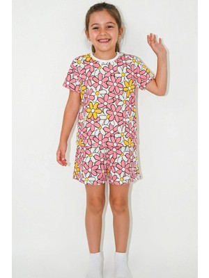 Breeze Kız Çocuk Şortlu Pijama Takımı Renkli Papatya Desenli 4-8 Yaş, Karışık Renk