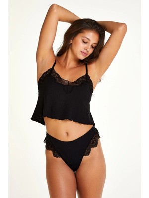 Beruflic Askılı Sıfır Kol Siyah Renk Kadın Pijama Takımı
