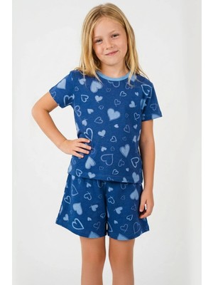 Breeze Kız Çocuk Şortlu Pijama Takımı Kalp Desenli 4-8 Yaş, Indigo
