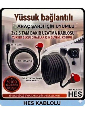 DC-ELEKTRO Hes Kablolu Evden Araç Şarjı Uyumlu 3-40 Metre (3x2.5 mm Ttr Tam Bakır) Yağmur Altında Kullanıma Uygun Uzatma Seyyar