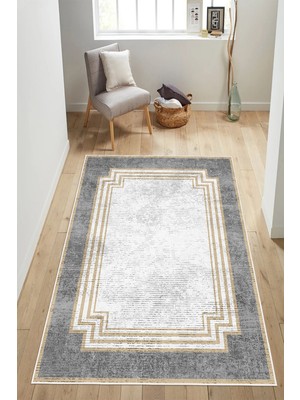 Mortapi Modern Desenli Bej Baskılı Kaymaz Yıkanabilir Salon Oturma Odası Mutfak Antre Halısı Yolluk