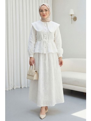 Moda Morfo Bebe Yaka Beli Lastikli Bağcıklı Nakışlı Astarlı Keten Takım  -Beyaz