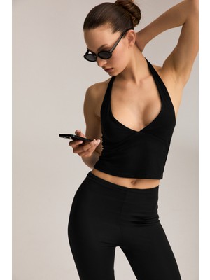 Urban Beat Eyna Kadın Halter Yaka Kalın Askılı Sırtı Açık Crop Siyah Bluz