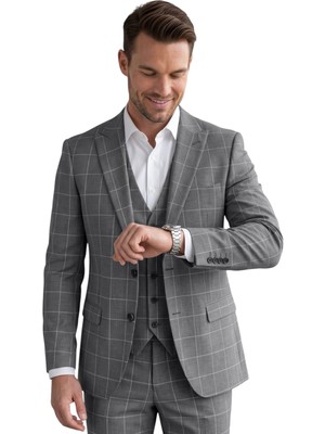 Deepsea Erkek Koyu Gri Slim Fit 3’lü Takım Elbise – Yelekli Ekose Desenli Çift Düğme Takım Elbise 2600501