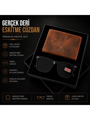 Vintage Erkek Hediye Seti - Eskitme Cüzdan & UV400 Gözlük