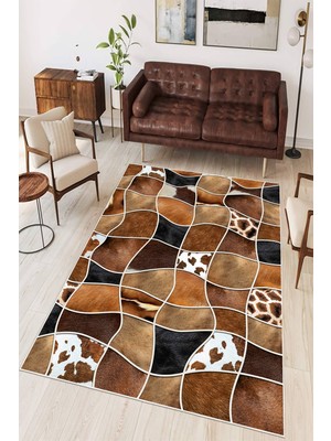 Mortapi Deri Patchwork Desenli Baskılı Kaymaz Yıkanabilir Salon Oturma Odası Mutfak Antre Halısı Yolluk