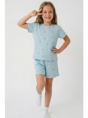 Breeze Kız Çocuk Şortlu Pijama Takımı Çiçek Desenli 4-8 Yaş, Açık Mavi