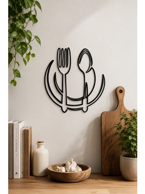 Bel&Co Home Mutfak Duvar Dekoru Siyah Mdf Tabak Çatal Kaşık Duvar Süsü Modern Lazer Kesim Mutfak Dekorasyonu 30X32 cm