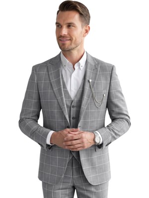 Deepsea Erkek Gri Slim Fit 3’lü Takım Elbise – Yelekli Ekose Desenli Çift Düğme Takım Elbise 2600501