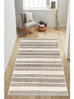 Mortapi Modern Kilim Desenli Bej Baskılı Kaymaz Yıkanabilir Salon Oturma Odası Mutfak Antre Halısı Yolluk